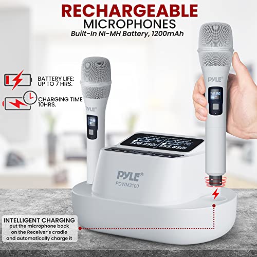 Pyle UHF Wireless Microphone System – Bluetooth Receiver with 2 Rechargeable Handheld Mics, 1200mAh Batteries, Clear Sound for Karaoke, Classroom, Office & Business Use