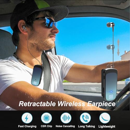 Retractable Wireless Headset Headphone Stereo Earphone V5.0 Noise Cancelling Mic Clip on Earpiece Comfortable HandsFree Headset 20Hrs Talking Time Sports Business Trucker Driver Earbud - color: Blue