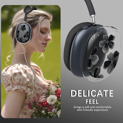 Joyland 3 in 1 Case for AirPods Max Headphones,Anti-Scratch Ear Pad Covers/Ear Cups,Black Flowers Soft TPU Ear Cups Cover for AirPods Max (2020 Lightning/2024 USB-C)-Clear Black - color: B-Black Flowers