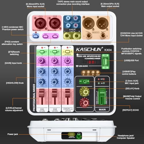 4-Channel DJ Audio Mixer, Bluetooth Sound Board with USB MP3 Input | Compact Mixer Board with 48V Phantom Power, Monitoring, Effects, for Karaoke, Podcast, Live Stream, Home Recording & DJ