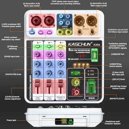 4-Channel DJ Audio Mixer, Bluetooth Sound Board with USB MP3 Input | Compact Mixer Board with 48V Phantom Power, Monitoring, Effects, for Karaoke, Podcast, Live Stream, Home Recording & DJ