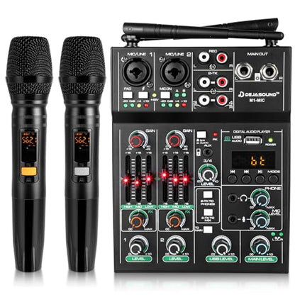 Pro 5 Channel Audio Mixer Mic Set for Live Streaming, Family Karaoke, Studio Recording, Bluetooth Dual Wireless Microphone System with USB Interface & 48V Phantom Power