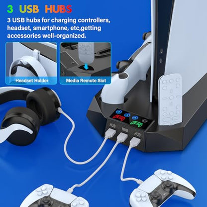 PS5/Slim/Pro Cooling Station with Controller Charging Station for PlayStation 5 Slim/Pro Console, PS5 Cooling Stand Cooler Accessories Incl Cooling Fan, 3 USB Hubs, Headset Holder, Screw - Black - color: Black