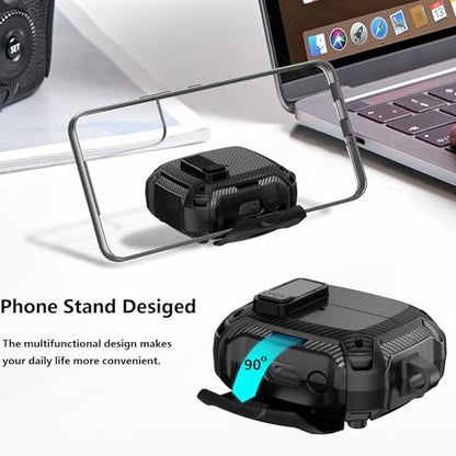 Compatible with Samsung Galaxy Buds 3 Pro Case/Bud3 Cover Lock Clip with Phone Stand for Men, Military Shell Galaxy Buds Pro 3/ Bud 3 Protective Armor Skin with with Cleaner Kit & Carabiner - color: ABlack