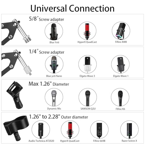Microphone Stand Mic Boom Arm for Blue Yeti HyperX QuadCast SoloCast Yeti Nano Snowball SM7B Q2U Fifine K669B and Other Mics, Overhead Mic Stand Desk Boom Arm with 5/8" 1/4" Adapter