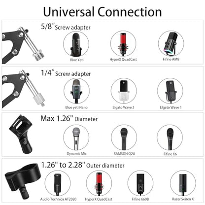 Microphone Stand Mic Boom Arm for Blue Yeti HyperX QuadCast SoloCast Yeti Nano Snowball SM7B Q2U Fifine K669B and Other Mics, Overhead Mic Stand Desk Boom Arm with 5/8" 1/4" Adapter