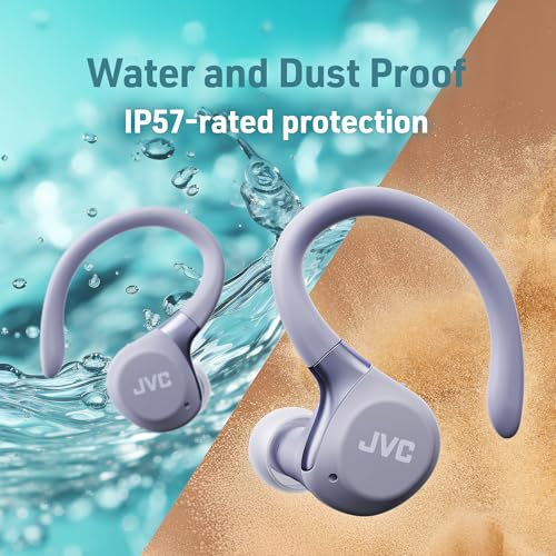 JVC Fitness Series True Wireless Sport Earbuds with Adjustable Hooks, Active Noise Cancelling, Ambient Sound Mode, IP57 Waterproof, 40hr Long Battery Life, App EQ, Low Latency, Mic HAEC75TV Violet - color: Violet
