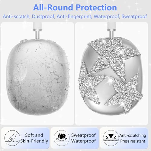 3-in-1 Case Cover for AirPods Max 2/AirPods Max Headphones, Apple AirPod Max Accessory Protective Cover, Headband/Silicone Ear Pad/Clear TPU Shiny Rhinestone Star Ear Cups Covers - color: Clear white(Star)