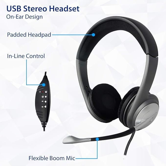 USB Wired Headset for PC/Laptop, Stereo Headphones with Microphone, USB-A, in-Line Controls for Video Meetings, Music, Gaming and Beyond - Black