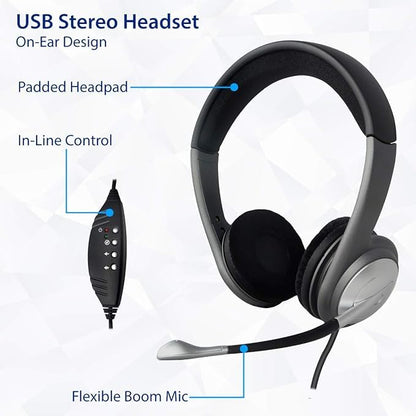 USB Wired Headset for PC/Laptop, Stereo Headphones with Microphone, USB-A, in-Line Controls for Video Meetings, Music, Gaming and Beyond - Black
