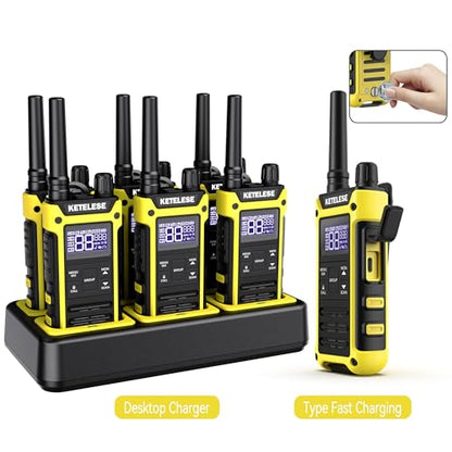 T3F Walkie Talkies 6 Pack for Adults, IP67 Waterproof 2 Way Radios Rechargable, with Earpiece and Mic, Shock Resistant, Dual PTT, One Key Group Call, VOX, NOAA&Wheather Alert, Black/Yellow