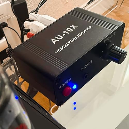 12V RCA Preamplifier, Audio Phono Preamp with Power Adapter, Mini Stereo Headphone Signal Home Amplifier, Gain 20dB for Turntable Pre amp Dual OP AMP AUX10X NE5532, RCA Input to 3.5mm Output