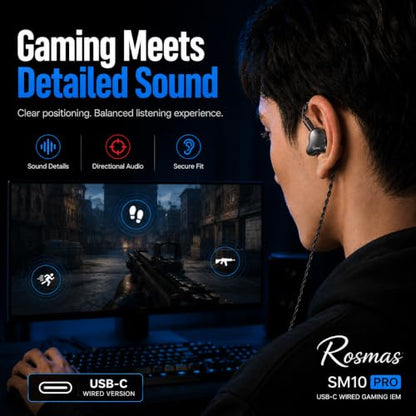 Rosmas USB-C Earbuds with Mic, SM10 Pro Wired IEM Earphones 5-Driver Hybrid in-Ear Monitors, 4BA+1DD Detailed Sound, Detachable 2-Pin Cable, USB c Gaming Earbuds for Music Calls and Daily Use,Black - color: Black&USB-C