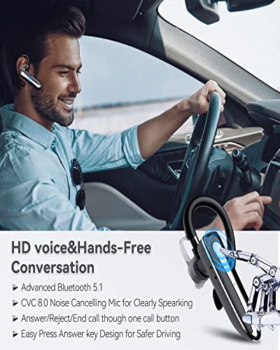 Bluetooth Headset, Wireless Bluetooth 5.0 Earpiece Hands-Free Earphones with Stereo Mic,8 Hrs Play time, Compatible iPhone Android Cell Phones Driving, Business, Office