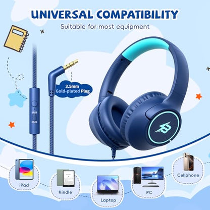 Kids Headphones Wired for School, 3.5mm Safe Volume Limited with Mic, Navy - color: Navy Blue