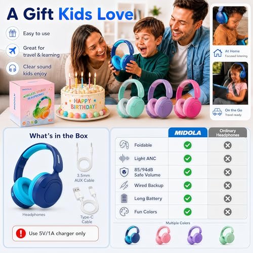 Kids Bluetooth Headphones Wireless,ANC,68H,Safe Volume Limit 85/94dB Blue | Adjustable Headband Foldable Over-Ear for Toddler Girls Boys Tablet/iPad,HD Stereo,Built-in Mic - color: Prussian Blue