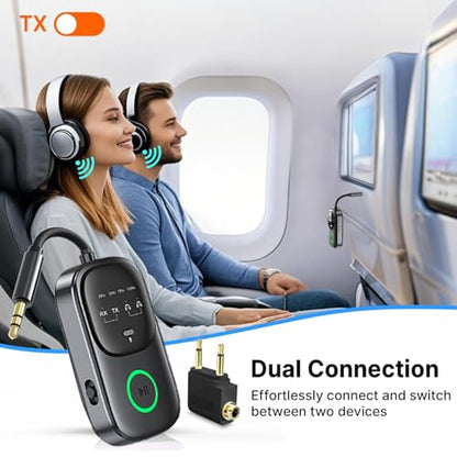 Bluetooth 5.4 Transmitter Receiver, 2-in-1 Wireless Audio Adapter for Airplane, TV, Car & Home Stereo, Connect 2 AirPods or Headphones, 3.5mm AUX Bluetooth Adapter with LED Display & Mic