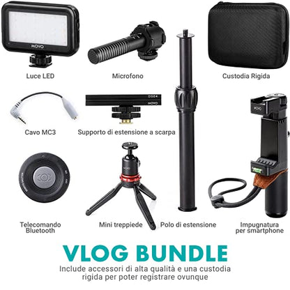 Movo V7+ YouTube Starter Kit - Vlogging Kit for iPhone with Tripod, Grip, Stereo Microphone, LED Light and Remote - Vlog Kit for iPhone 5, 5C, 5S, 6, 6S, 7, 8, X, XS or Samsung - iPhone Vlogging Kit