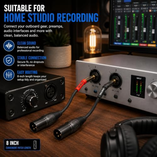 Sam&Johnny XLR to 1/4 Balanced Cable 2-Pack 1FT, Gold Plated TRS Male to XLR Male Patch Cable for Audio Interface, Studio Monitor, Mixer, Amplifier