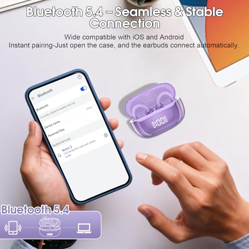 Open Ear Earbuds Wireless Clip on Headphones Bluetooth 5.4 Ear Buds with DNN Noise Cancelling, 48H Playtime, Low Latency, Fashion Design, Secure Fit, Clear Sound for Music & Calls (Purple) - color: Purple