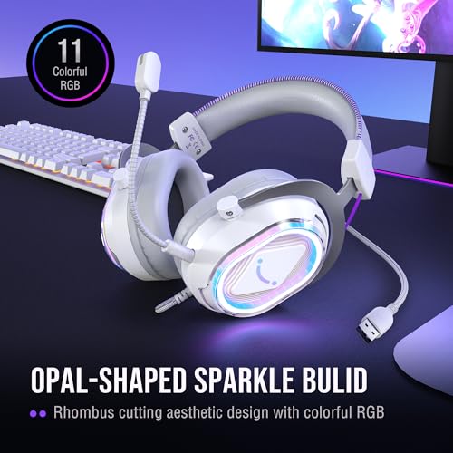 FIFINE AmpliGame H13WP USB Gaming Headset Wired, Customizable RGB Light | 50mm Drivers, Crisp 7.1 Surround, Soft Protain Leather, Detachable Mic, Game/chat Balance, for PC, Mac, PS4/5 - color: White and Purple