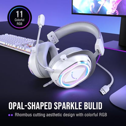 FIFINE AmpliGame H13WP USB Gaming Headset Wired, Customizable RGB Light | 50mm Drivers, Crisp 7.1 Surround, Soft Protain Leather, Detachable Mic, Game/chat Balance, for PC, Mac, PS4/5 - color: White and Purple
