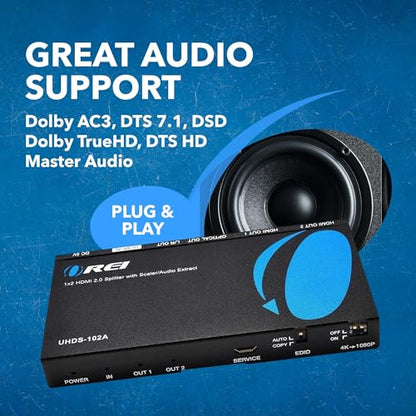 OREI 1x2 2.0 HDMI Splitter with Scaler Audio Extractor 2 Ports with Full Ultra HDCP 2.4K at 60Hz & 3D Supports EDID Control - UHDS-102A | HDMI 2.0b, HDCP2.2/HDCP1.4 compliant. Supports digital and analog audio extract output from HDMI source. - style: 1X2