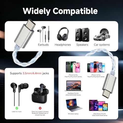 CVJ USB C Headphone Amp DAC Dongle 3.5mm Jack Audio Portable Amplifier | Dual Output DSD 256, 4.4mm Balanced, High Res 32bit/384kHz, ES9039Q2M Chip for iPhone 15 Pro Max Plus iPad Android Phone - color: Sliver