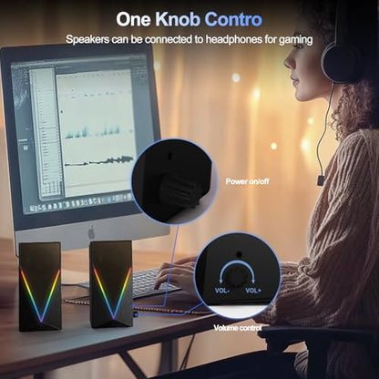 Computer Speakers, Desktop PC Speakers with 6 Colorful RGB Lights, Headphone Jack, Enhanced Bass and Volume Control, USB Powered & 3.5mm Aux Gaming Speakers for Laptop Monitor PC Tablet Phone