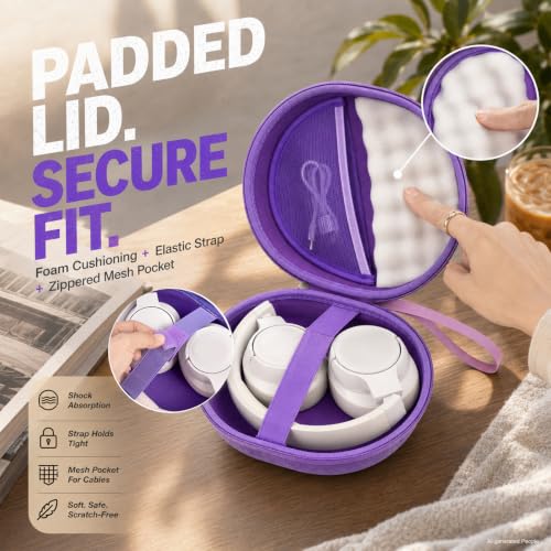 Hard Headphone Case for JBL Tune 770NC/510BT/720BT/520BT/670NC | Wave Foam, Elastic Strap, Soft Lining, Mesh Pocket, Carry Handle, Folded Headphone Storage, Purple , Case Only - color: Purple