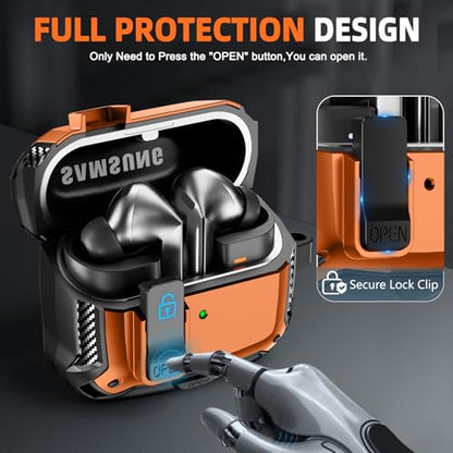 Safety Lock Case for Samsung Galaxy Buds3 FE/Pro/3 (Orange) | Compatible with MagSafe, with Phone Stand& Cleaning kit,Keychain, - color: orange