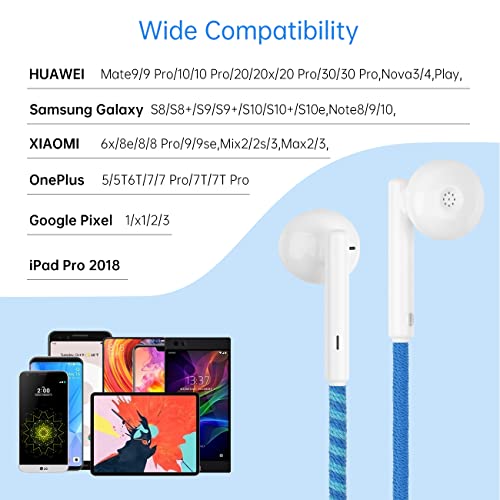 2packs Braided USB C Earphones, Colorful Earbuds, in Ear Headphones with Mic + USB C PD Charging Cables 2 Hours Full Charged