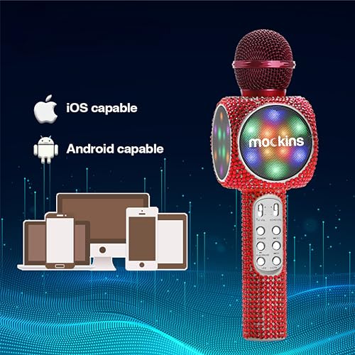 Mockins Red Bling Karaoke Microphone for Kids - Wireless Microphone Karaoke w/Speaker, Voice Changer & Colorful LED Lights, Portable Kids Micro Phone - color: Red Bling