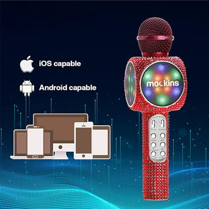 Mockins Red Bling Karaoke Microphone for Kids - Wireless Microphone Karaoke w/Speaker, Voice Changer & Colorful LED Lights, Portable Kids Micro Phone - color: Red Bling
