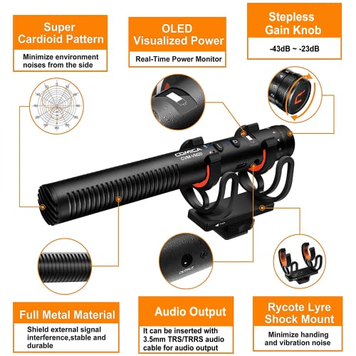 COMICA VM20 Shotgun Microphone for Camera, Super-Cardioid Camera Microphone with Rycote Shockmount, Windscreen, Wind Muff, OLED Power Display, Video Mic for Smartphones, DSLR Cameras, Camcorders