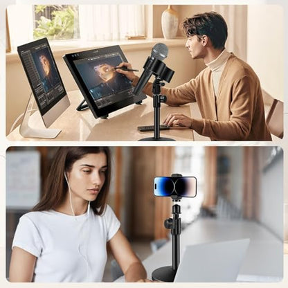 Versatile Desktop Microphone Stand, Adjustable Table Mic Stand with Large Microphone Clip, Cell Phone Clip, 5/8" Male to 3/8" Female Metal Adapter