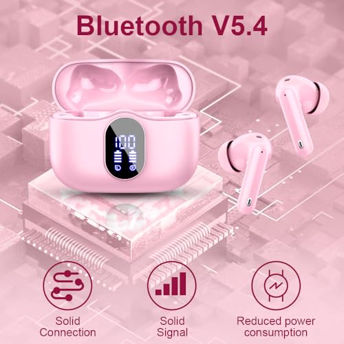 Btootos Wireless Earbuds Bluetooth 5.4 Headphones Bass Stereo Ear Buds with Noise Cancelling Mic LED Display in Ear Earphones IP7 Waterproof 36H Playtime for Laptop Pad Phones Sports Workout Pink | Ear Buds with Noise Cancelling Mic LED Display, 36H, IP7