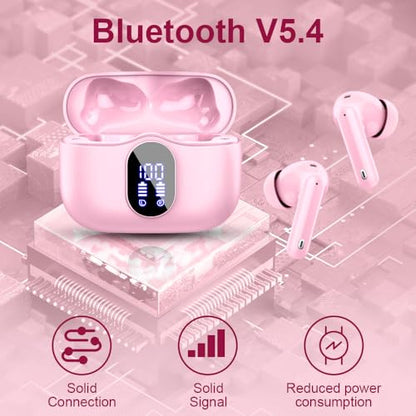 Btootos Wireless Earbuds Bluetooth 5.4 Headphones Bass Stereo Ear Buds with Noise Cancelling Mic LED Display in Ear Earphones IP7 Waterproof 36H Playtime for Laptop Pad Phones Sports Workout Pink | Ear Buds with Noise Cancelling Mic LED Display, 36H, IP7