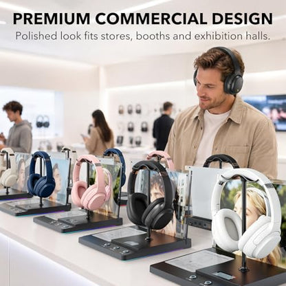 1Mii DemoStation B3+ Bluetooth Audio Demo Stand for Dual Headphones Display | Headset stand for Gaming, Retail Store and Trade Show, RGB Lighting Acrylic Desk Holder with USB-C Charging/Optical/3.5mm AUX