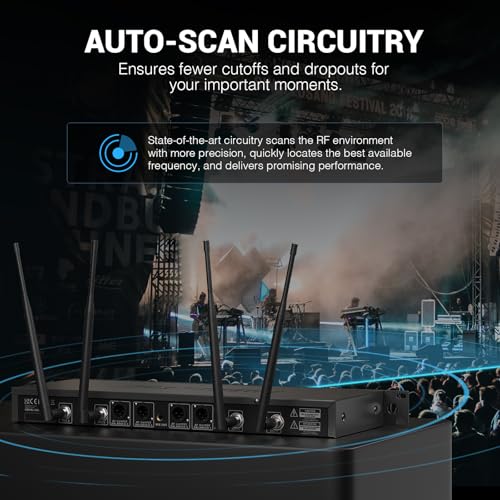 Phenyx Pro 4-Channel UHF Auto Scan Wireless Microphone System PTU-7000-2H2B | 2 Handheld Mics, 2 Bodypacks, Headset/Lapel Mics, 4 x 40 Frequencies, 328 ft, Mics for speaking, church, wedding, meeting