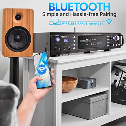 Pyle Bluetooth Home Stereo Amplifier - Hybrid Multi-Channel 3000 Watt Power Amplifier Home Audio Receiver System w/ AM/FM Radio, MP3/USB,AUX,RCA Karaoke Mic in - Rack Mount, Remote - P3301BAT