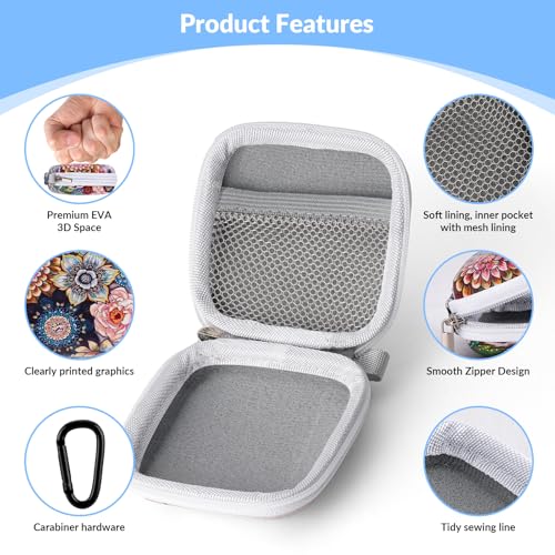 Unique Patterned Portable EVA Earbud Case with Carabiner | Printed Earbud Holder With Sturdy Carabiner, Multi-Use Storage For Earphones, Headphones, SD Cards & Small Electronic Chips - color: Flower bed