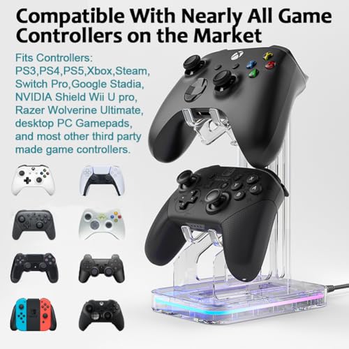 Universal Gaming RGB Dual Controller Holder Headset Stand with RGB Light and 2 USB Charging Storage Ports,Headphone Hanger Gaming Accessories for Desk Compatible with Switch Xbox PS5 PS4 Controller-H