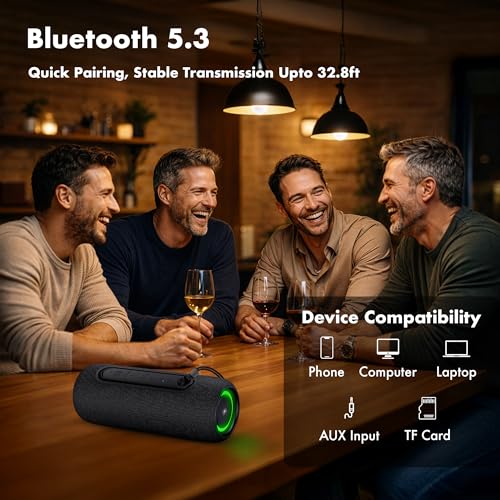Fisher Portable Bluetooth Speakers IPX5 Waterproof Speaker, 14W Peak Power | Stereo Bluetooth Speaker, RGB Lights, TWS, BT 5.3, Built-in Mic, Hands Free Calling Speakers Bluetooth Wireless, Use Anywhere - color: Black