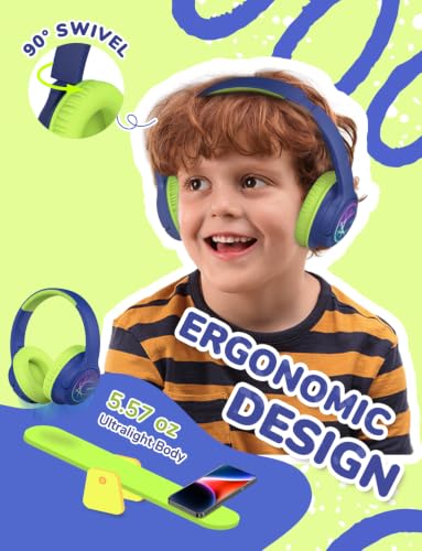 iClever BTH18 Kids Bluetooth Headphones LED Lights for Toddler Boys Girls | SafeSound Tech, 43H Playtime Stereo Sound, USB C Charging AUX Cable, Over Ear Kids Headphones Wireless for iPad/Tablet/Travel - color: C-Green/Blue