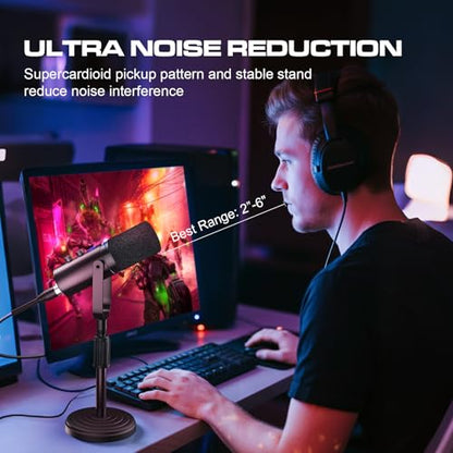 PUPGSIS Recording PC Microphone, Podcast Dynamic Mic with Mute Button, Reverb Effects, Headphones Jack, Desktop Stand, USB-C & XLR Outputs, USB Mic for Gaming, Streaming, Vocal, Voice-Over, Black