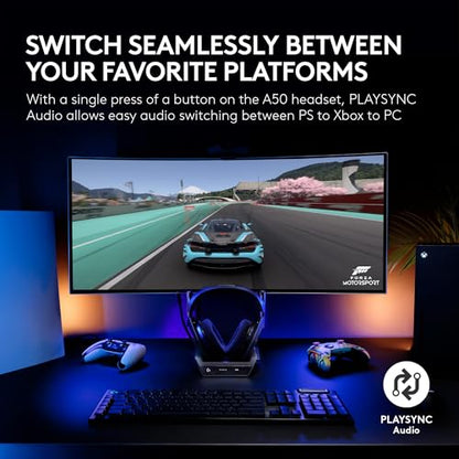 Logitech G Astro A50 Multi-Platform Wireless Gaming Headset - Black | For PS5, Xbox, PC, Switch - PLAYSYNC Audio Switcher, <16 bit/48kHz (Console), <24 bit/48 kHz (PC), <24hr Battery, 2.4GHz & BT - color: Black, style: PLAYSYNC Audio