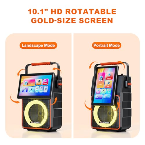 Portable Karaoke Machine with 10.1” Rotatable HD Screen, Wireless Screen Mirroring for iOS & Android, Bluetooth Speaker with Lyrics Display, PA System with 2 Wireless Microphones & LED Lights for Home - size: A119