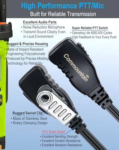 commountain Earpiece for Motorola Walkie Talkies CLS1110 RMU2080D RMU2040 | Also Fits CLS1410 DTR DLR RDU RMM Series 2-Pin Radios, G-Shape Earhook Headset Fits Left or Right Ear, Noise Reducing PTT Mic