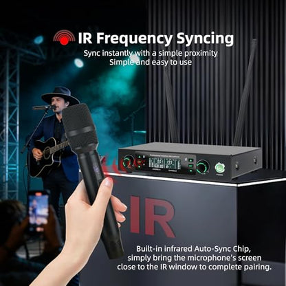 Professional Wireless Microphone System, 500ft Long Range 2.4G Cordless Mic Set with 40H Playtime, Dynamic Microphones Memory Function for Karaoke Singing, DJ, Church, Party, Wedding
